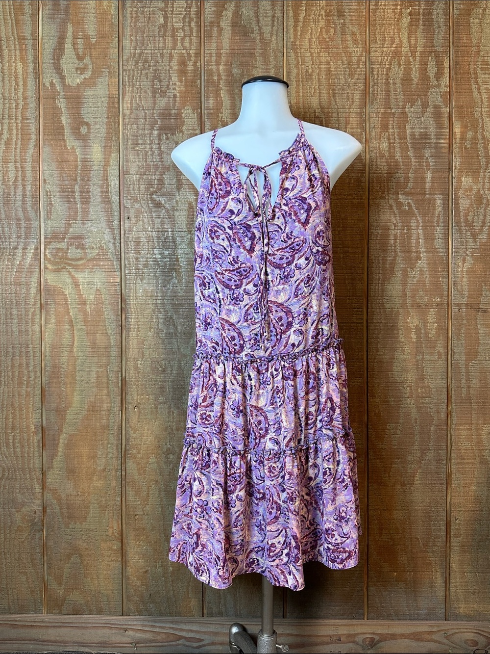DREW Lavender Paisley Halter Tiered Mini Dress